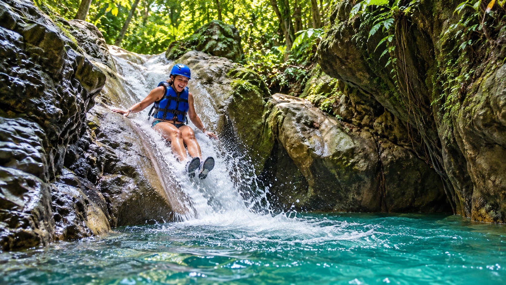 Visitor sliding feet-first down a natural Damajagua waterslide into a turquoise pool