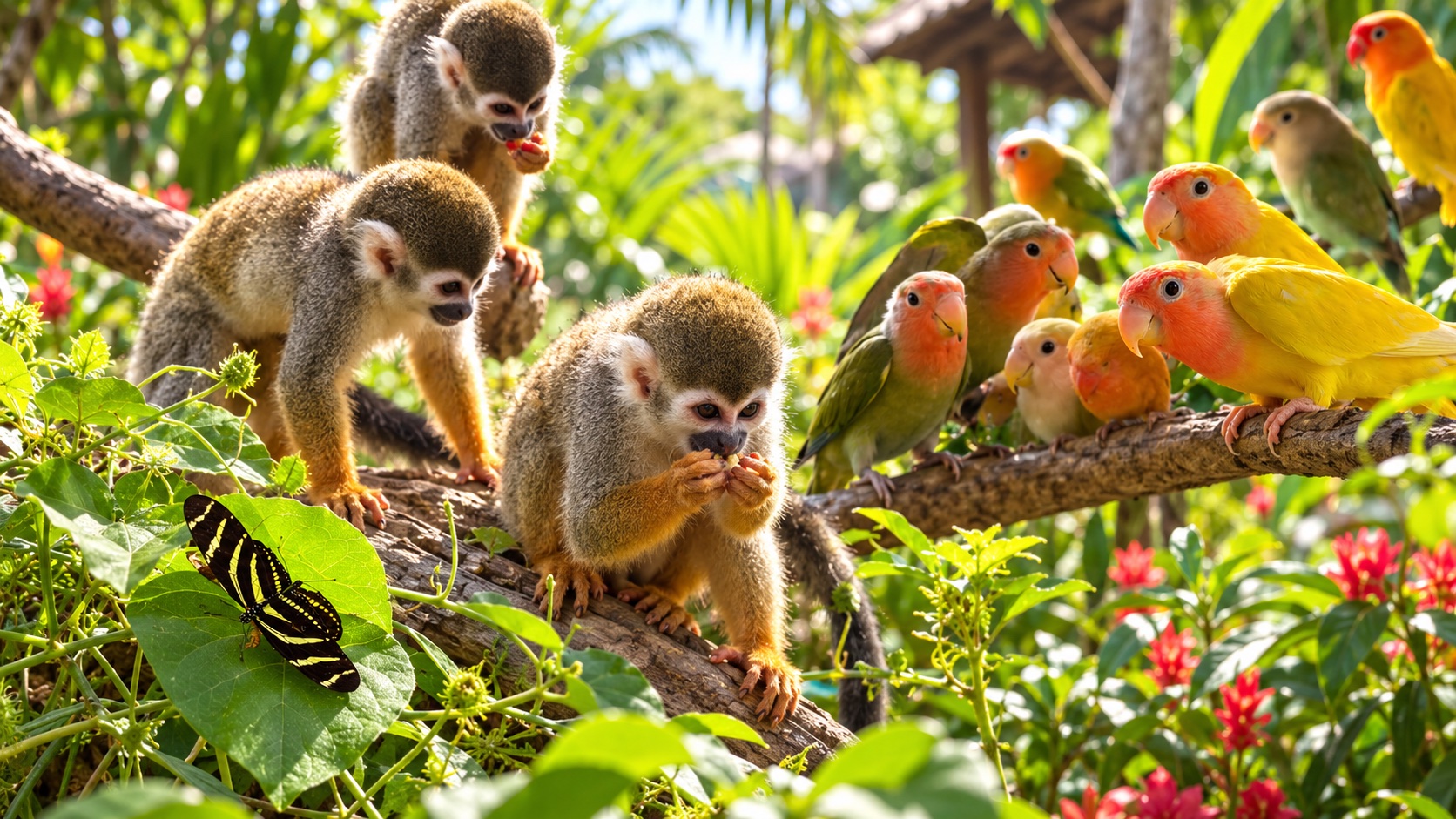 Squirrel monkeys, colorful lovebirds and a tropical butterfly in a Puerto Plata garden